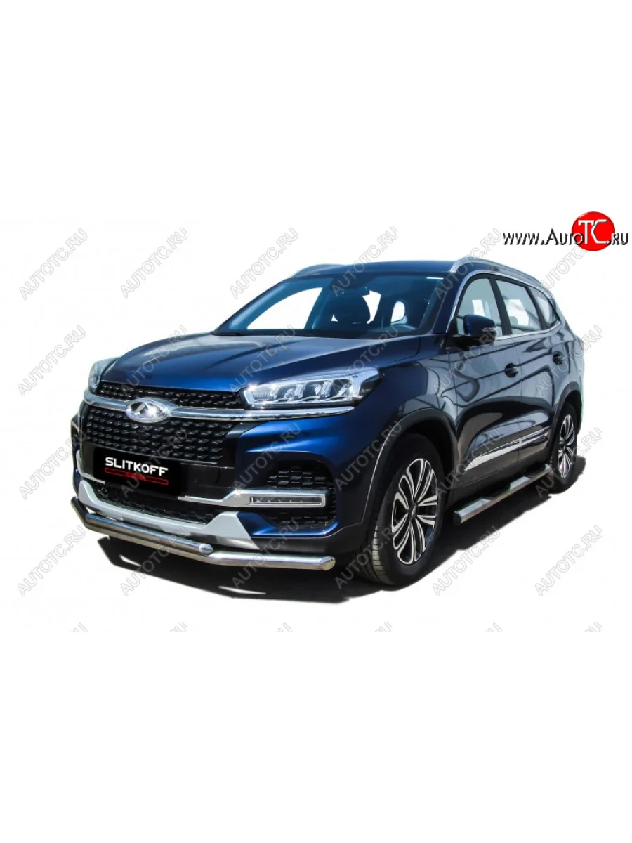 Защита переднего бампера Slitkoff (Ø 57+Ø 42). Chery Tiggo 8 1 T18 рестайлинг (2019-2023) (Полированная нержавейка)  с доставкой в г. Пермь