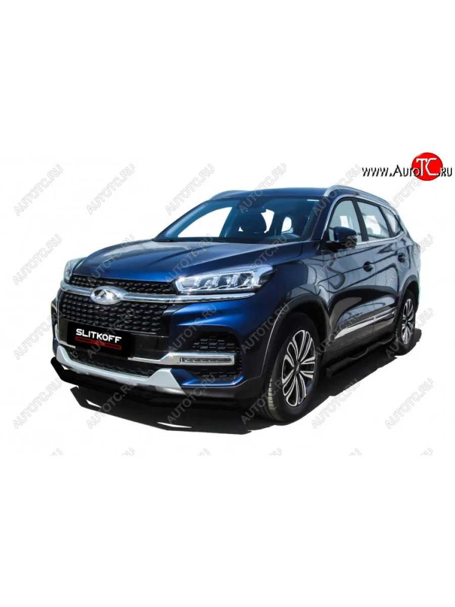 Защита переднего бампера Slitkoff (Ø 57+Ø 42). Chery Tiggo 8 1 T18 рестайлинг (2019-2023) (Цвет: черный)  с доставкой в г. Пермь