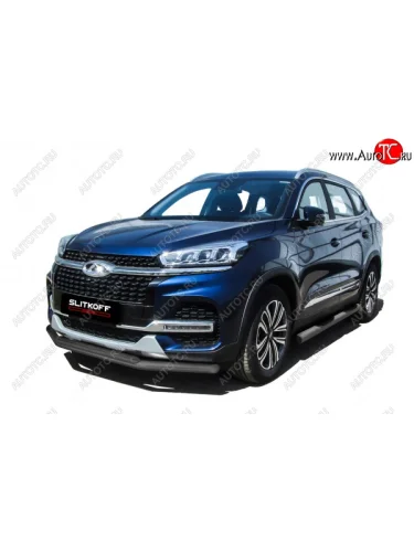 Защита переднего бампера Slitkoff (Ø 57+Ø 42). (Цвет: серебристый) Chery Tiggo 8 1 T18 рестайлинг (2019-2023)