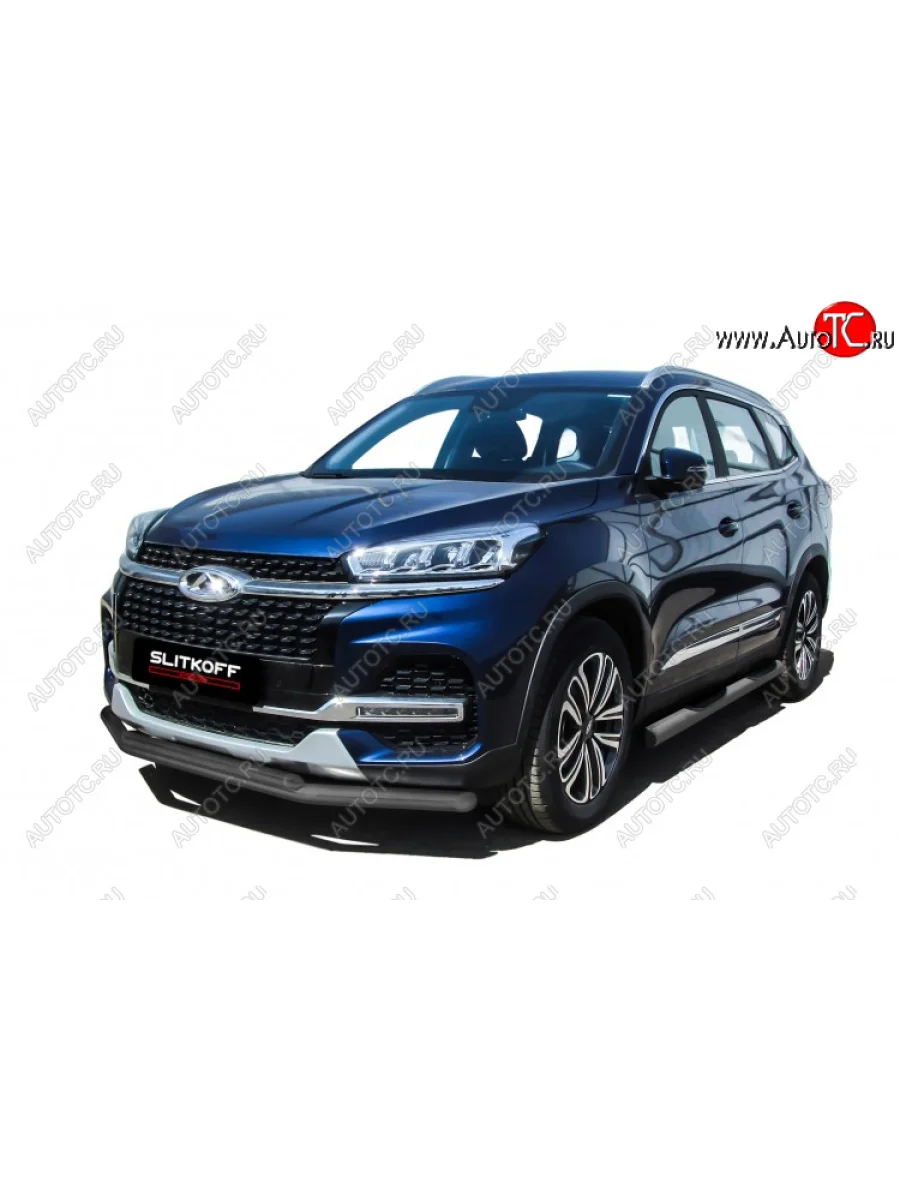 Защита переднего бампера Slitkoff (Ø 57+Ø 42). Chery Tiggo 8 1 T18 рестайлинг (2019-2023) (Цвет: серебристый)  с доставкой в г. Пермь