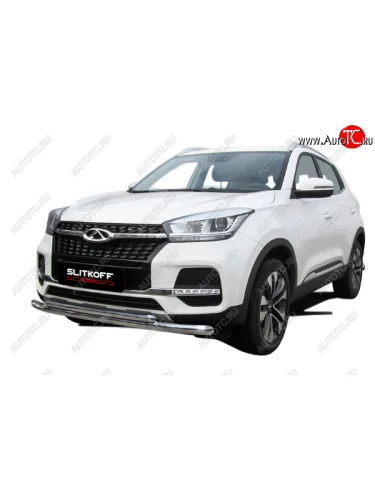 Защита переднего бампера Slitkoff (Ø 57+Ø 42). (Полированная нержавейка) Chery Tiggo 4 (2018-2023) 1-ый рестайлинг