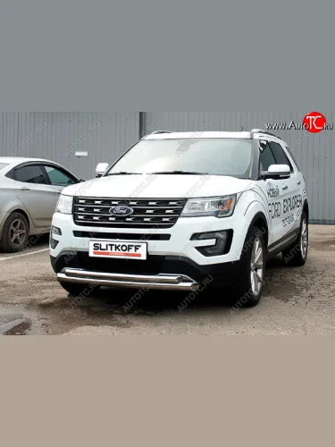 Защита переднего бампера Slitkoff (Ø 76+Ø 57). (Цвет: серебристый) Ford Explorer  U502 (2015-2018) 1-ый рестайлинг, 5 дв.