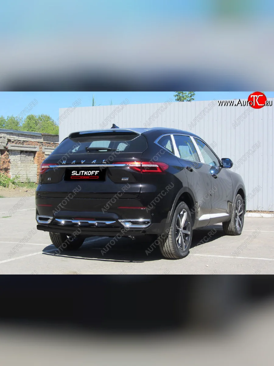 Защита заднего бампера (d57+d42) Slitkoff  Haval F7x (2019-2022) (Цвет: черный)  с доставкой в г. Керчь