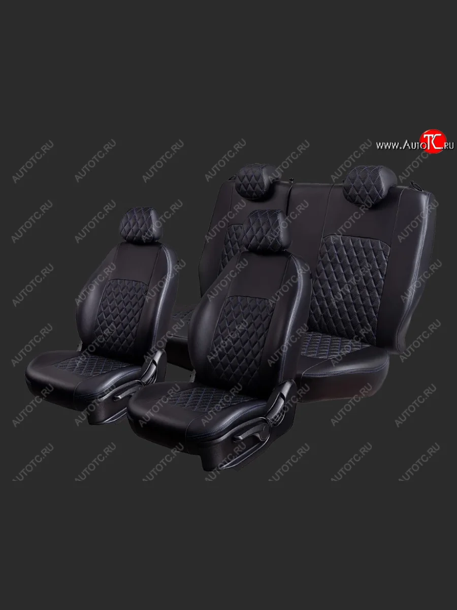 Чехлы для сидений Lord Autofashion Турин Ромб (Экокожа, раздельные спинка и сиденье 50/50, 2 П-образных подголовника) Chery Tiggo T11 дорестайлинг (2005-2013) (Черный, вставка черная, строчка синяя)  с доставкой в г. Керчь