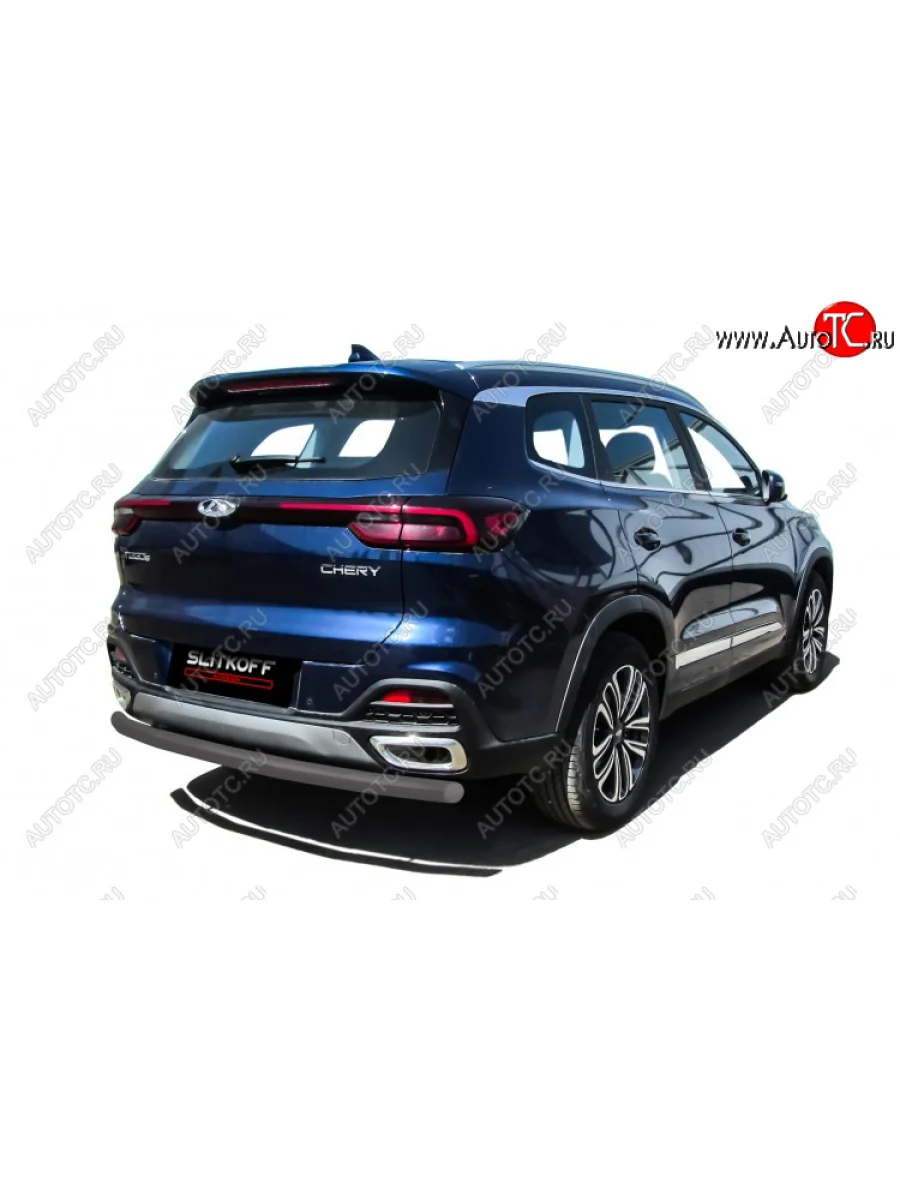 Защита заднего бампера Slitkoff (Ø 57 мм) Chery Tiggo 8 1 T18 рестайлинг (2019-2023) (Цвет: серебристый)  с доставкой в г. Керчь