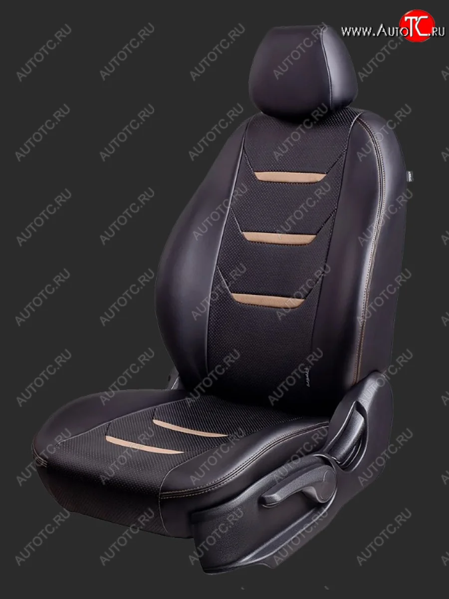 Чехлы для сидений Lord Autofashion Турин 2 (экокожа, спинка 60/40, 2 Г-образных подголовника) Chevrolet Aveo T300 хэтчбек (2011-2015) (Черный/Черный/Бежевый/Бежевый)  в Воронеже Воронежской области