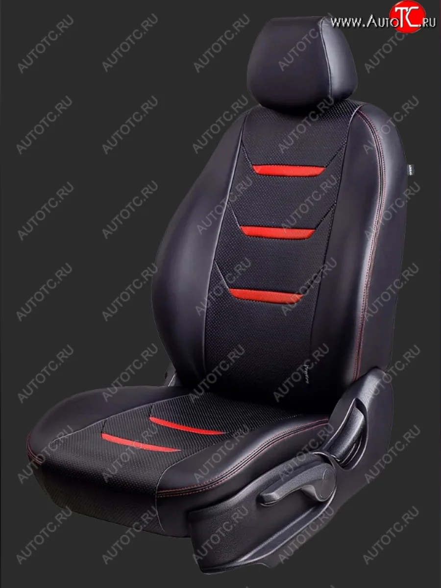 Чехлы для сидений Lord Autofashion Турин 2 (экокожа, спинка 60/40, 2 Г-образных подголовника) Chevrolet Aveo T300 хэтчбек (2011-2015) (Черный/Черный/Красный/Красный)  в Керчи Республика Крым