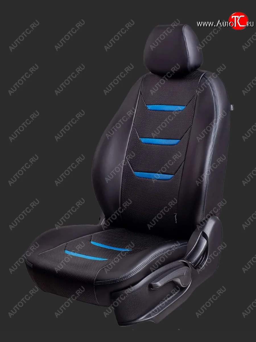 Чехлы для сидений Lord Autofashion Турин 2 (экокожа, спинка 60/40, 2 Г-образных подголовника) Chevrolet Aveo T300 хэтчбек (2011-2015) (Черный/Черный/Синий/Синий)  в Керчи Республика Крым