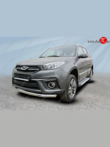 Защита переднего бампера Slitkoff (Ø 57 мм). (Полированная нержавейка) Chery Tiggo 3 (2014-2020)