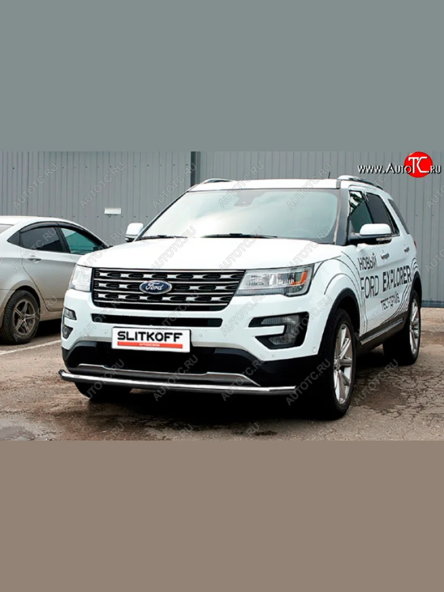 Защита переднего бампера Slitkoff (Ø 57 мм). Ford Explorer U502 1-ый рестайлинг, 5 дв. (2015-2018) (Сталь с полимерным покрытием. Цвет: серебристый)  в Перми Пермском крае