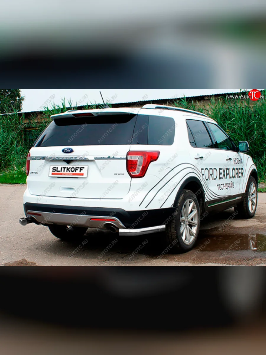 Защита заднего бампера Slitkoff (Ø 76 мм, уголки) Ford Explorer U502 1-ый рестайлинг, 5 дв. (2015-2018) (Сталь с полимерным покрытием. Цвет: серебристый)  в Самаре Самарской области