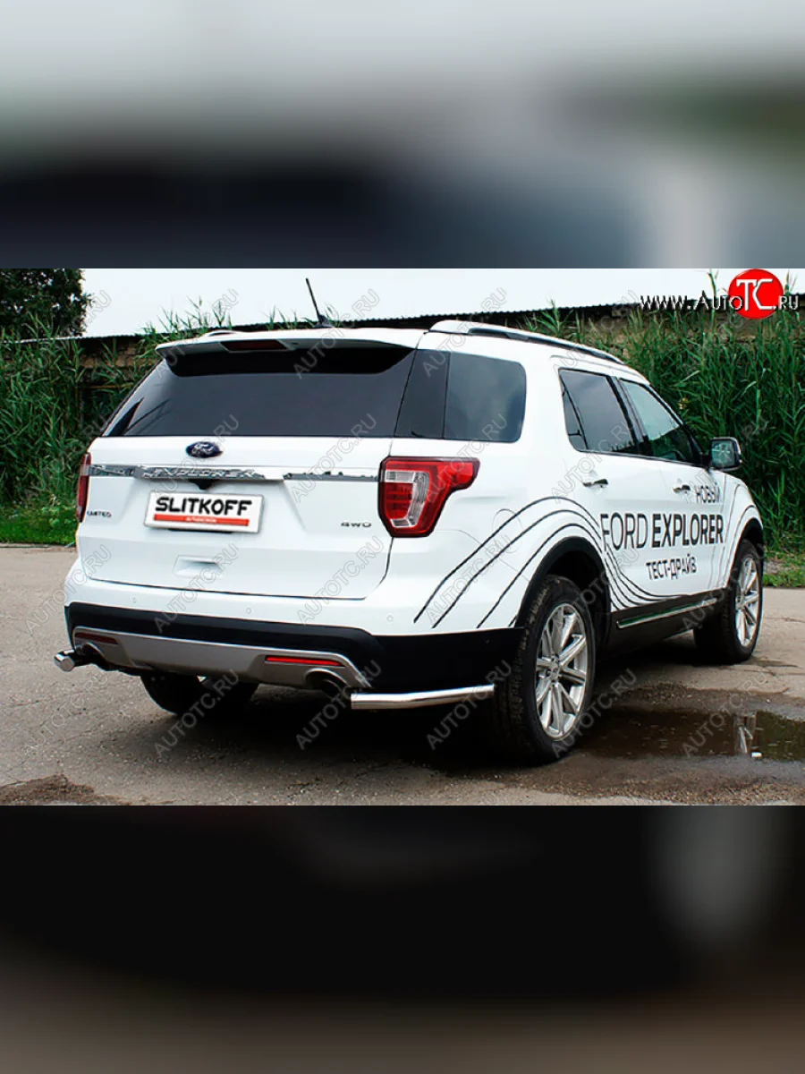 Защита заднего бампера Slitkoff (Ø 57 мм, уголки) Ford Explorer U502 1-ый рестайлинг, 5 дв. (2015-2018) (Полированная нержавейка)  в Керчи Республика Крым