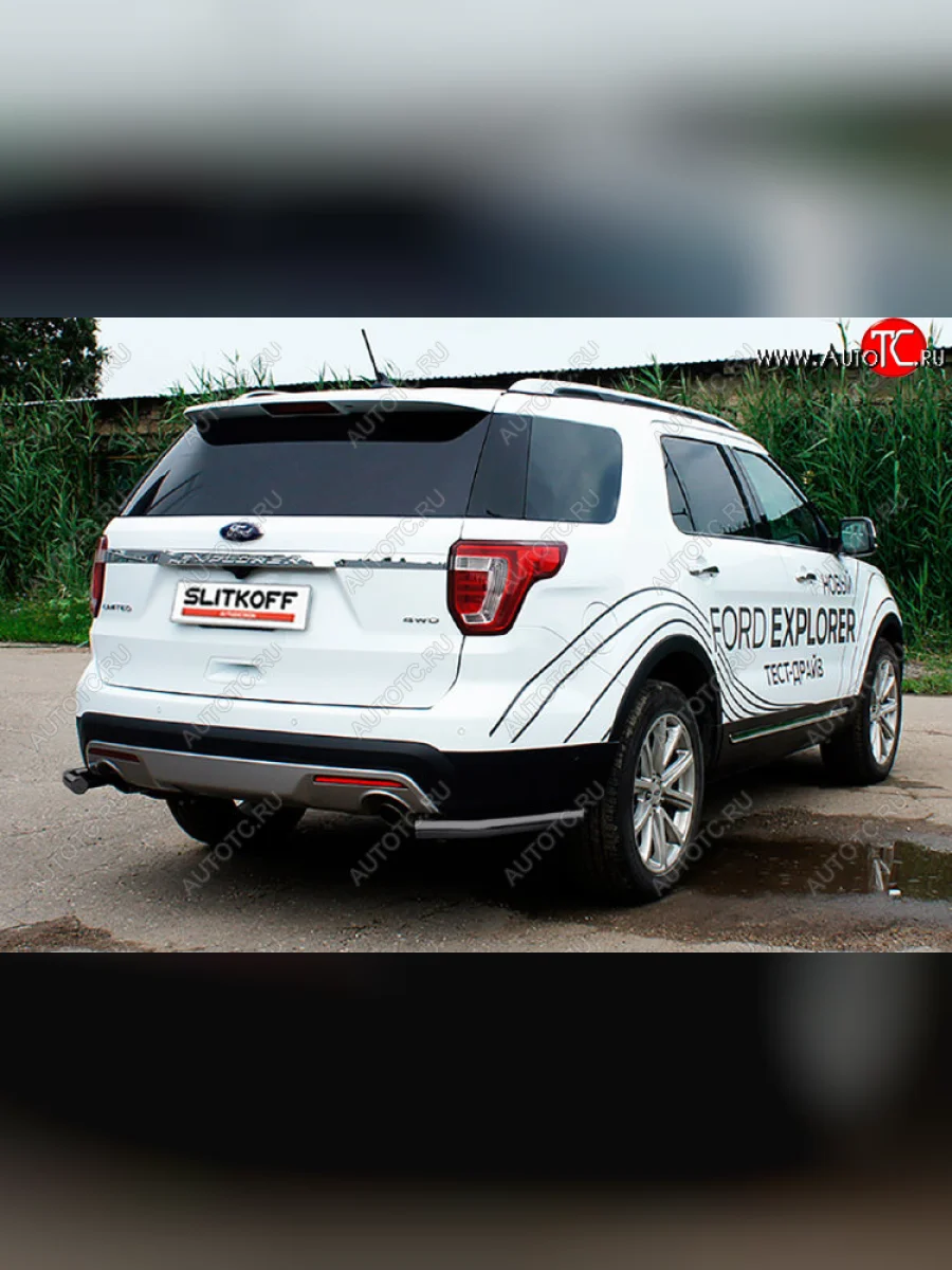 Защита заднего бампера Slitkoff (Ø 57 мм, уголки) Ford Explorer U502 1-ый рестайлинг, 5 дв. (2015-2018) (Цвет: черный)  в Керчи Республика Крым
