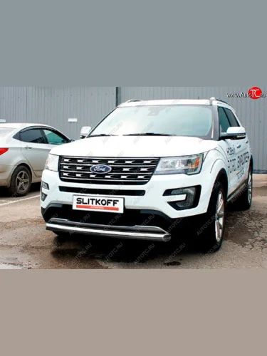 Защита переднего бампера Slitkoff (Ø 76 мм). (Цвет: серебристый) Ford Explorer  U502 (2015-2018) 1-ый рестайлинг, 5 дв.