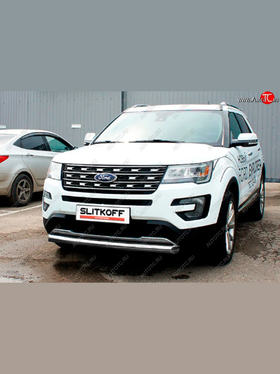Защита переднего бампера Slitkoff (Ø 76 мм). Ford Explorer U502 1-ый рестайлинг, 5 дв. (2015-2018) (Цвет: серебристый)  в Перми Пермском крае