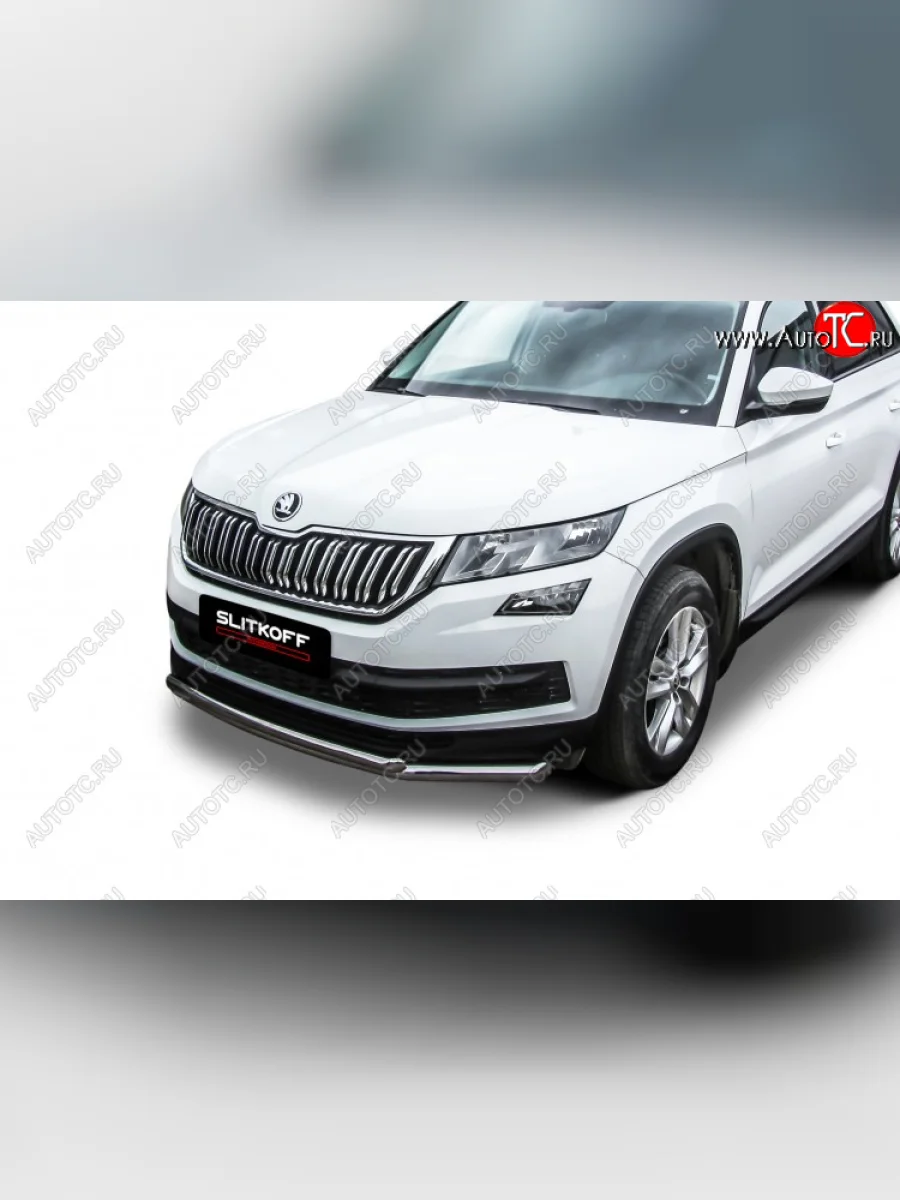 Защита переднего бампера Slitkoff (Ø 57+Ø 42, двойная). Skoda Kodiaq 1 NS7 дорестайлинг (2017-2021) (Нержавеющая сталь)  в Самаре Самарской области