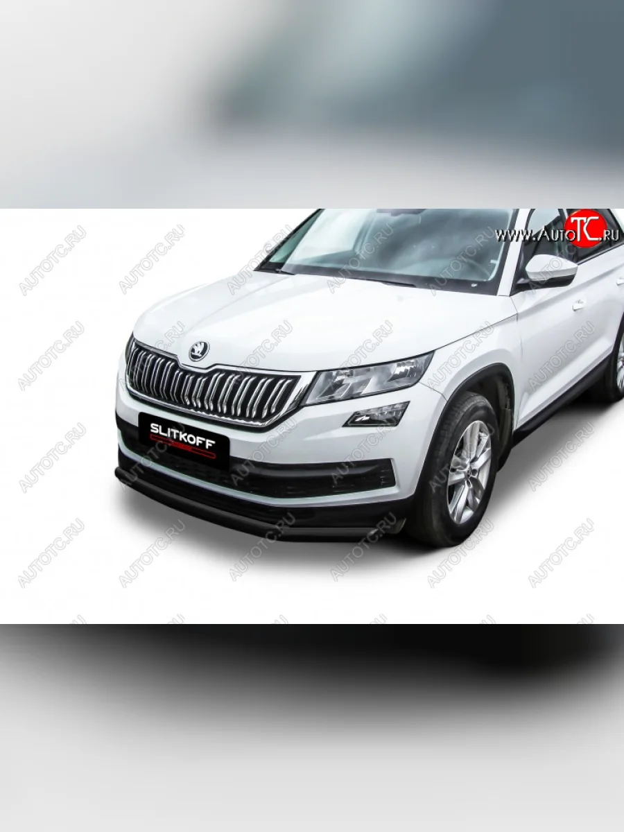 Защита переднего бампера Slitkoff (Ø 57+Ø 42, двойная). Skoda Kodiaq 1 NS7 дорестайлинг (2017-2021) (Сталь с полимерным покрытием. Цвет: черный)  в Керчи Республика Крым