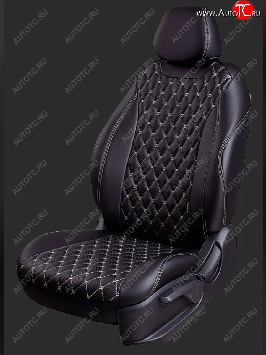 Чехлы для сидений Lord Autofashion Байрон (экокожа, спинка и сиденье 60/40, 3 Г-образных подголовника) Ford Kuga 2 дорестайлинг (2013-2016) (Черный, вставка черная, строчка бежевая)  в Керчи Республика Крым