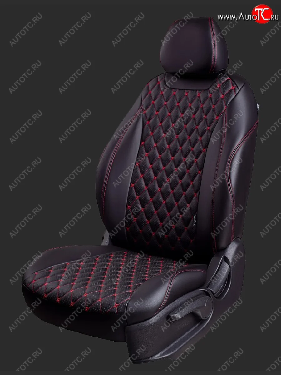 Чехлы для сидений Lord Autofashion Байрон (экокожа, спинка и сиденье 60/40, 3 Г-образных подголовника) Ford Kuga 2 дорестайлинг (2013-2016) (Черный, вставка черная, строчка красная)  в Керчи Республика Крым