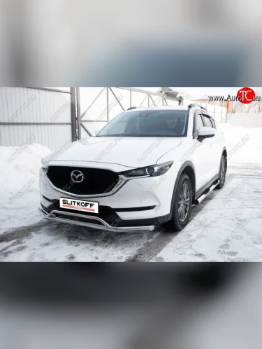 Защита переднего бампера Slitkoff (Ø 57+Ø 32, двойная). (Нержавеющая сталь) Mazda CX-5 KF (2016-2025)