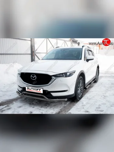 Защита переднего бампера Slitkoff (Ø 57+Ø 32, двойная). (Сталь с полимерным покрытием. Цвет: серебристый) Mazda CX-5 KF (2016-2025)