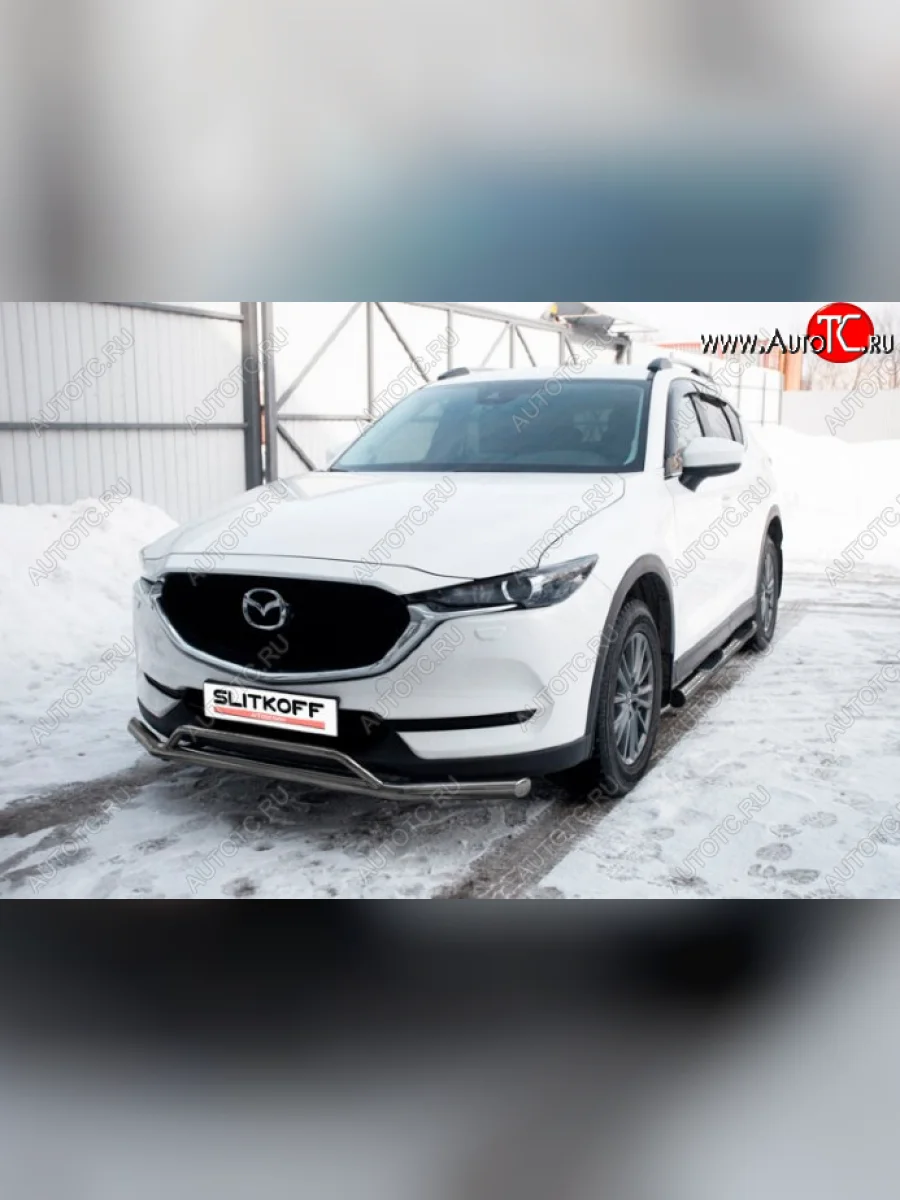 Защита переднего бампера Slitkoff (Ø 57+Ø 32, двойная). Mazda CX-5 KF (2016-2025) (Сталь с полимерным покрытием. Цвет: серебристый)  с доставкой в г. Пермь