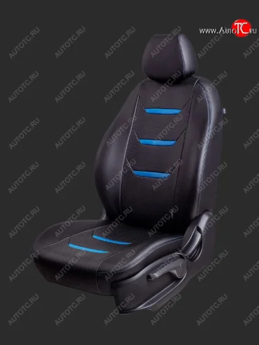 Чехлы для сидений Lord Autofashion Турин 2 (экокожа, спинка 60/40, 2 Г-образных подголовника) (Черный, вставка черная/синяя, строчка синяя) Hyundai Creta  GS (2015-2021) дорестайлинг, рестайлинг