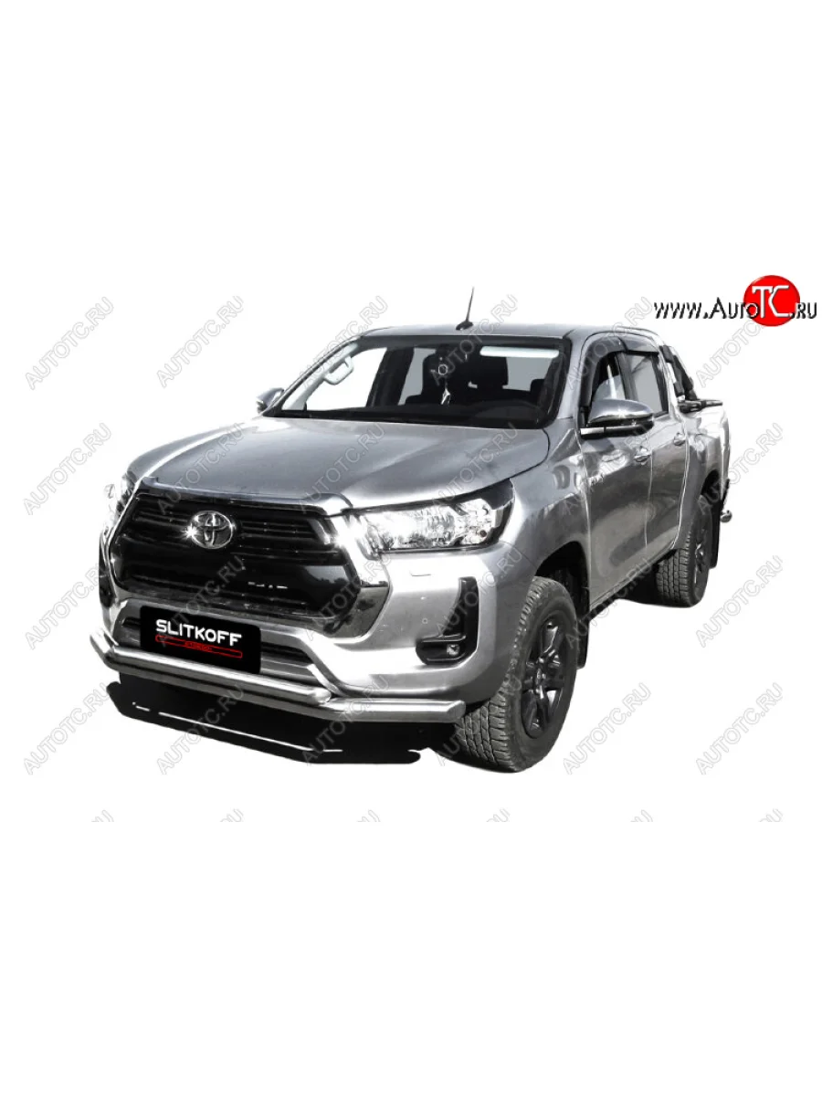 Защита переднего бампера Slitkoff (Ø 76+Ø 57, двойная).  Toyota Hilux (2017-2020) AN120 (Нержавеющая сталь)  в Самаре Самарской области
