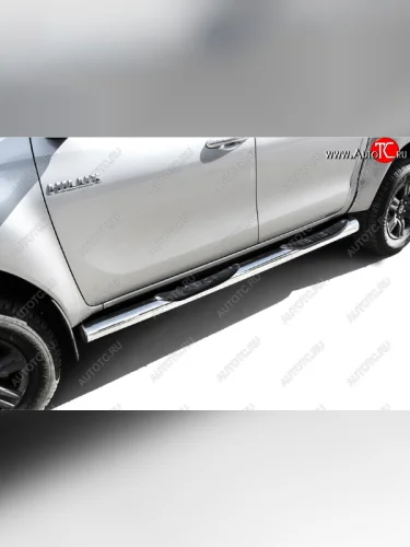 Защита порогов Slitkoff (Ø 76 мм, в проступями) (Нержавеющая сталь) Toyota Hilux  AN120 (2017-2020) 1-ый рестайлинг