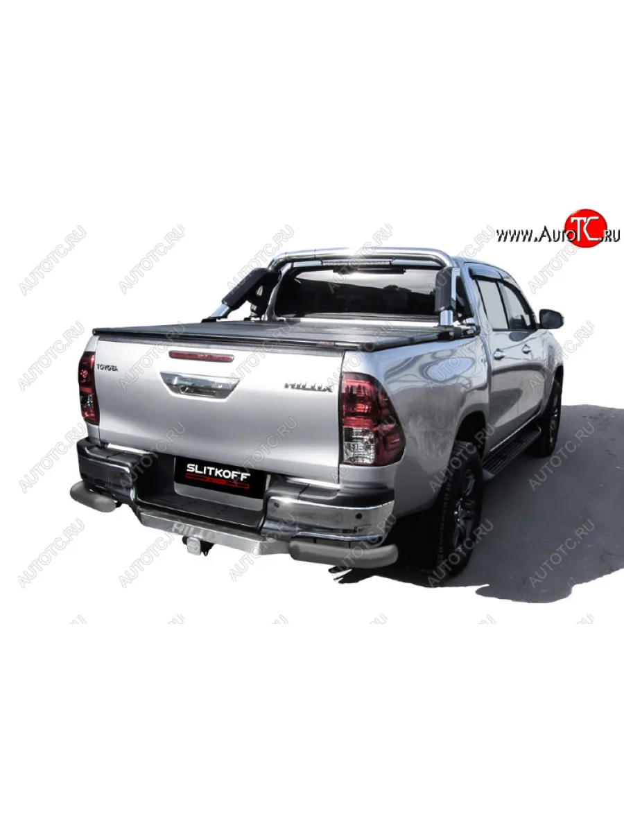 Защита заднего бампера Slitkoff (Ø 76 мм, уголки) Toyota Hilux AN120 1-ый рестайлинг (2017-2020) (Сталь с полимерным покрытием. Цвет: серебристый)  в Керчи Республика Крым