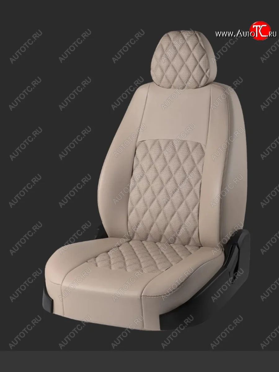 Чехлы для сидений Lord Autofashion Турин Ромб (экокожа, спинка 40/60+подлокотник+отд. бок, 2 Г-образных подголовника) Hyundai Elantra HD (2006-2011) (Бежевый, вставка бежевая, строчка бежевая)  в Керчи Республика Крым