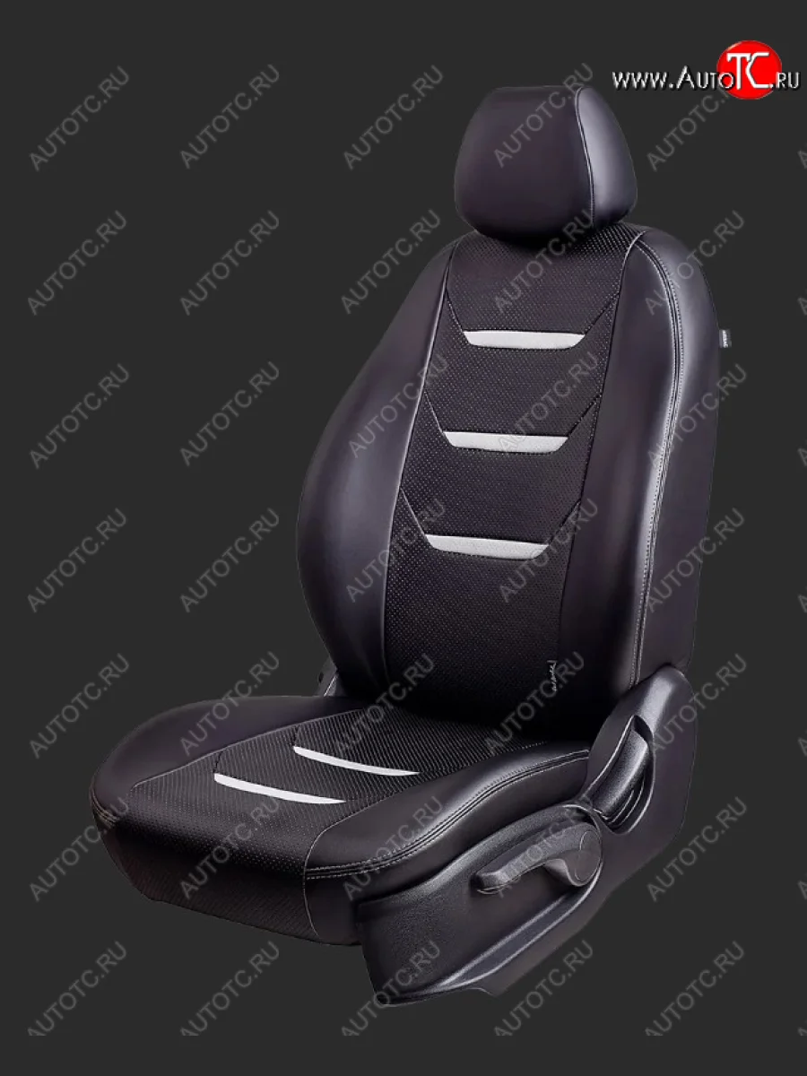 Чехлы для сидений Lord Autofashion Турин 2 (экокожа, спинка 40/60+подлокотник+отдел. бок, 3 Г-образных подголовника) Hyundai I40 1 VF дорестайлинг седан (2011-2015) (Черный, вставка черная/белая, строчка белая)  в Самаре Самарской области