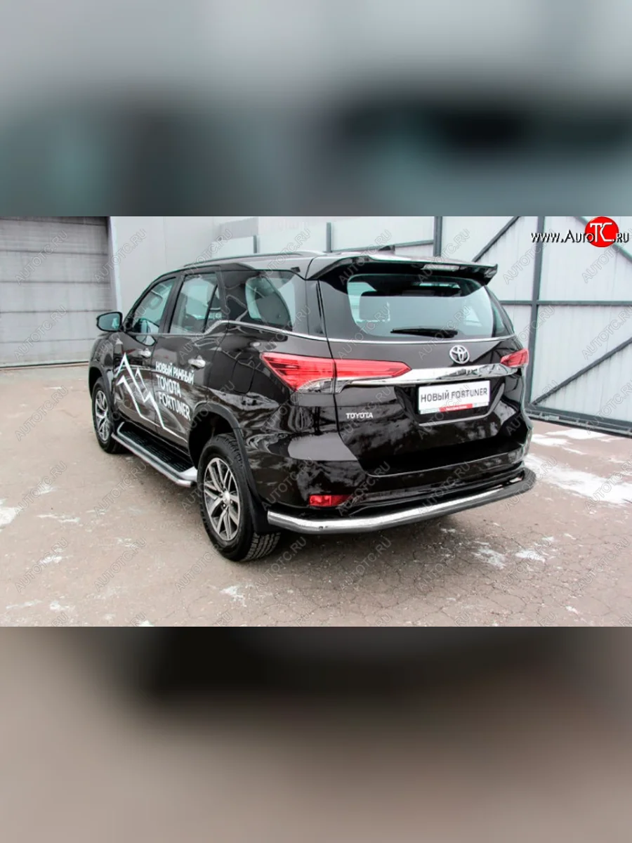 Защита заднего бампера Slitkoff (Ø 76 мм, длинная) Toyota Fortuner AN160 дорестайлинг (2015-2020) (Сталь с полимерным покрытием. Цвет: серебристый)  в Самаре Самарской области