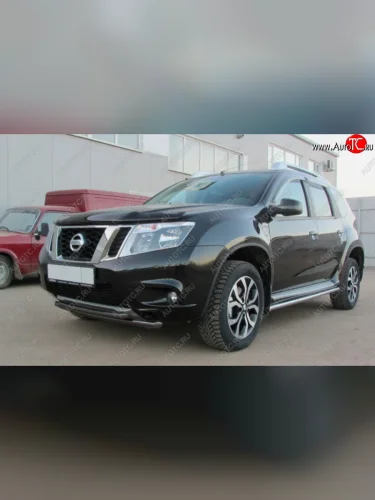 Защита переднего бампера Slitkoff (Ø 42+Ø 42, двойная). (Сталь с полимерным покрытием. Цвет: черный) Nissan Terrano  D10 (2013-2016) дорестайлинг