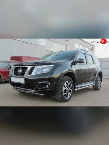 Защита переднего бампера Slitkoff (Ø 42+Ø 42, двойная). (Сталь с полимерным покрытием. Цвет: серебристый) Nissan Terrano  D10 (2013-2016) дорестайлинг