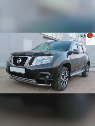 Защита переднего бампера Slitkoff (Ø 57+Ø 42, двойная). (Сталь с полимерным покрытием. Цвет: серебристый) Nissan Terrano  D10 (2013-2016) дорестайлинг