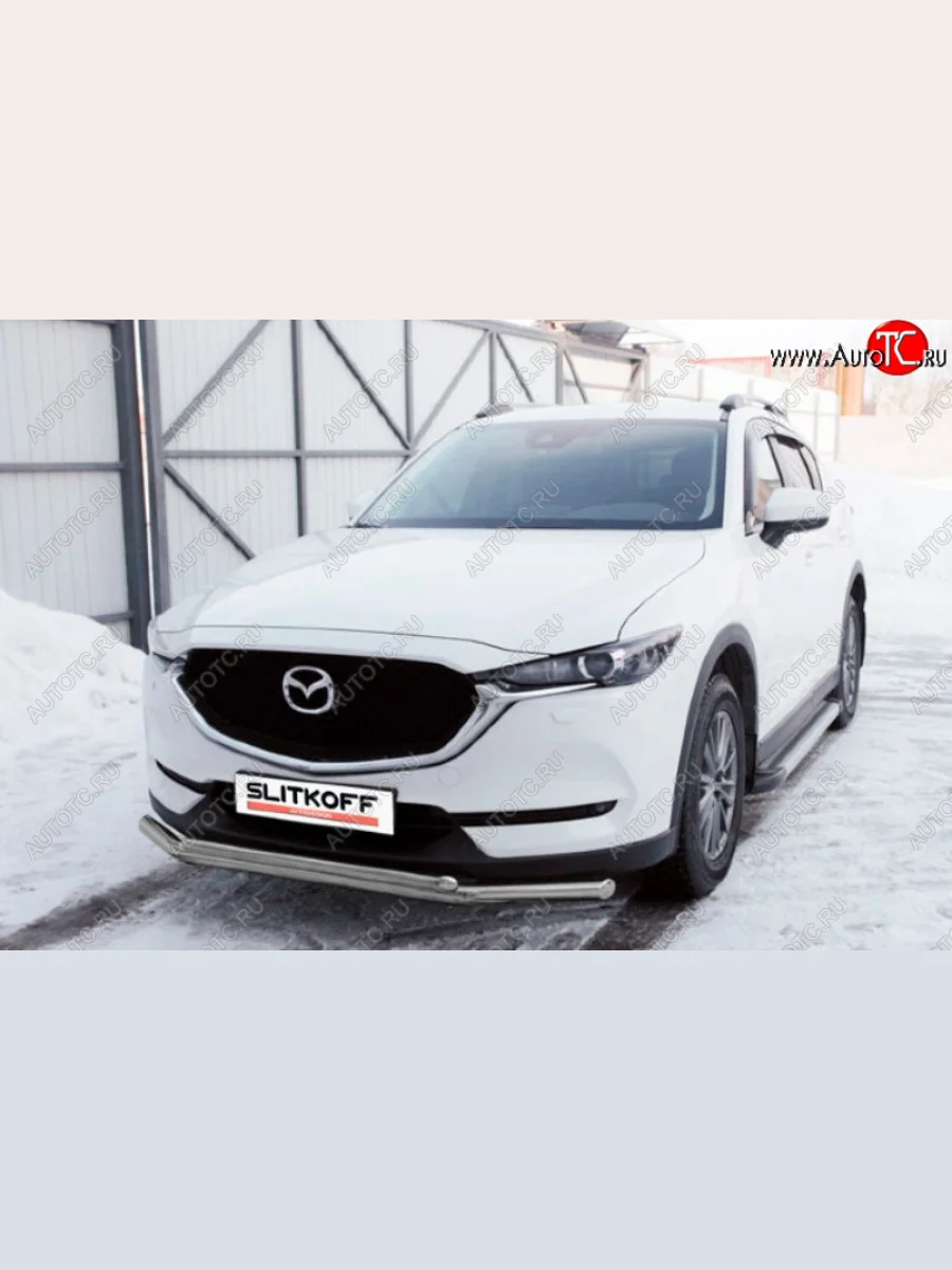 Защита переднего бампера Slitkoff (Ø 57+Ø 42, двойная). Mazda CX-5 KF (2016-2025) (Сталь с полимерным покрытием. Цвет: серебристый)  с доставкой в г. Пермь