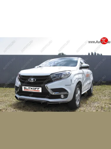 Защита переднего бампера Slitkoff (Ø 42+Ø 42, двойная). (Сталь с полимерным покрытием. Цвет: черный) Лада ВАЗ XRAY (2016-2022)