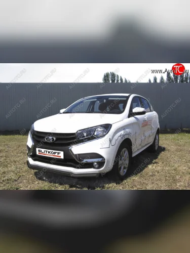 Защита переднего бампера Slitkoff (Ø 57+Ø 42, двойная). (Сталь с полимерным покрытием. Цвет: черный) Лада ВАЗ XRAY (2016-2022)