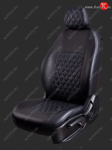 Чехлы для сидений Lord Autofashion Турин Ромб (экокожа, спинка 40/60, 2 П- и 1 Г-образных подголовника) (Черный, вставка черная, строчка синяя) Hyundai Sonata  EF (2001-2013) рестайлинг ТагАЗ