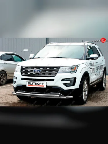 Защита переднего бампера Slitkoff (Ø 57+Ø 57, двойная). (Сталь с полимерным покрытием. Цвет: серебристый) Ford Explorer  U502 (2017-2019) 2-ой рестайлинг, 5 дв.