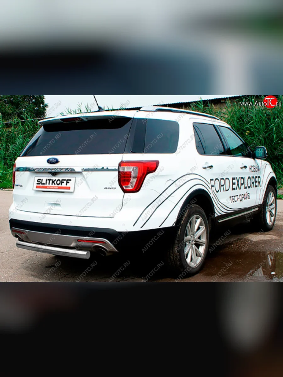 Защита заднего бампера Slitkoff (Ø 76 мм) Ford Explorer U502 2-ой рестайлинг, 5 дв. (2017-2019) (Сталь с полимерным покрытием. Цвет: серебристый)  в Самаре Самарской области