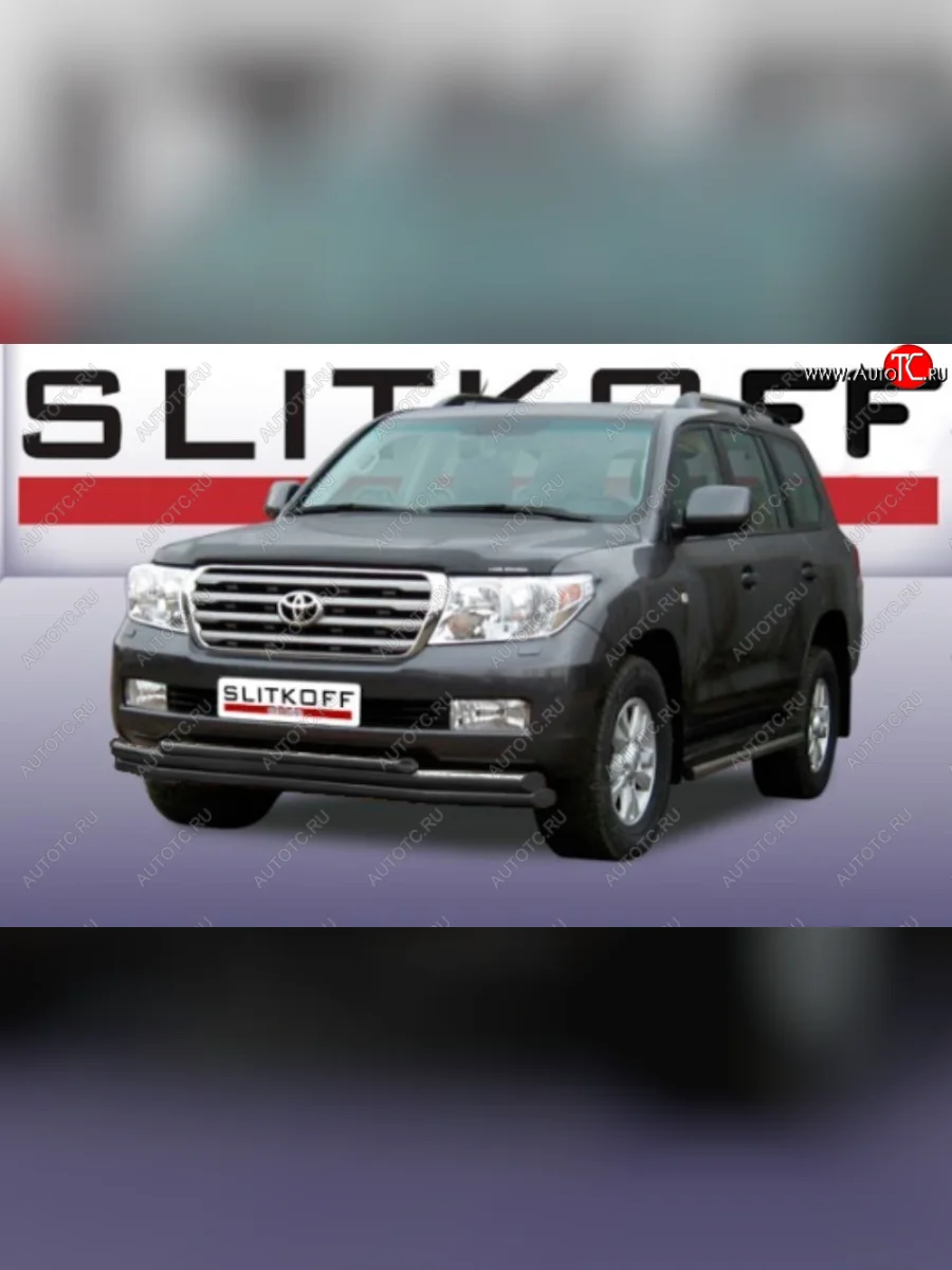 Защита переднего бампера Slitkoff (Ø 57+Ø 57+Ø 42, тройная). Toyota Land Cruiser 200 дорестайлинг (2007-2012) (Сталь с полимерным покрытием. Цвет: черный)  в Перми Пермском крае