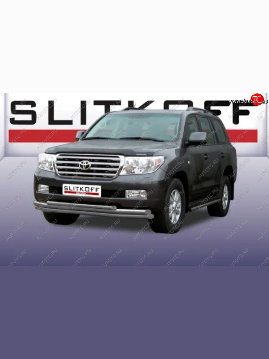 Защита переднего бампера Slitkoff (Ø 57+Ø 57+Ø 42, тройная). Toyota Land Cruiser 200 дорестайлинг (2007-2012) (Сталь с полимерным покрытием. Цвет: серебристый)  в Самаре Самарской области