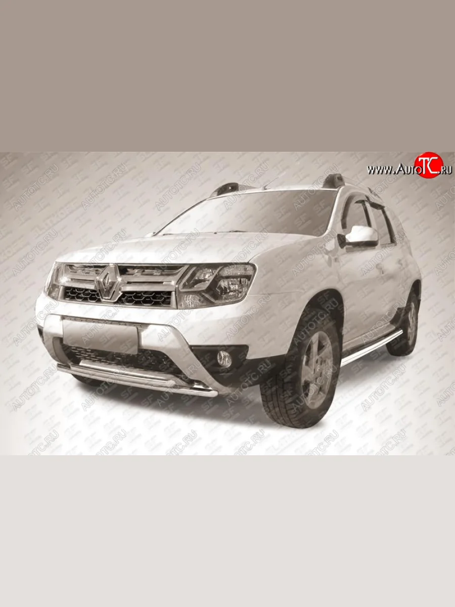Защита переднего бампера Slitkoff (Ø 42+Ø 42, двойная). Renault Duster HS рестайлинг (2015-2021) (Нержавеющая сталь)  в Керчи Республика Крым
