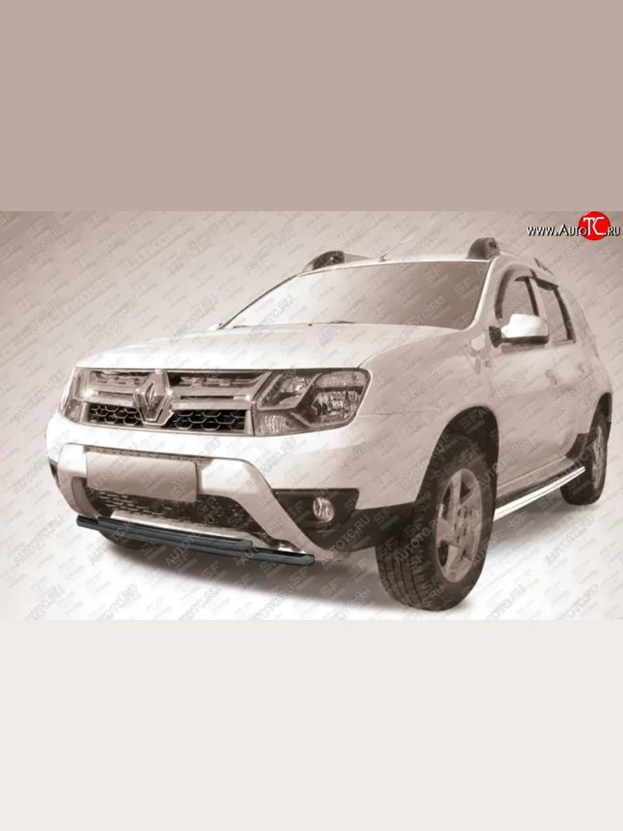 Защита переднего бампера Slitkoff (Ø 42+Ø 42, двойная). Renault Duster HS рестайлинг (2015-2021) (Сталь с полимерным покрытием. Цвет: черный)  в Керчи Республика Крым