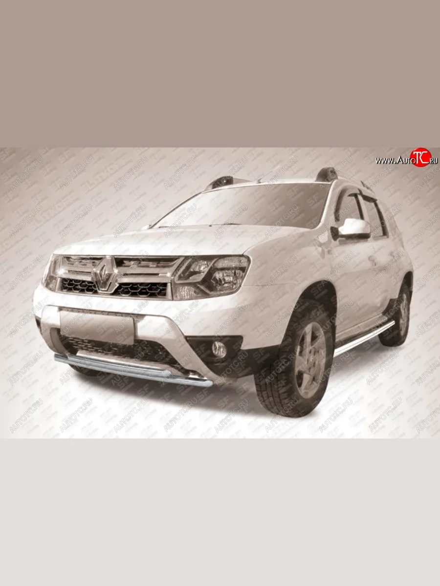 Защита переднего бампера Slitkoff (Ø 42+Ø 42, двойная).  Renault Duster (2015-2021) HS (Сталь с полимерным покрытием. Цвет: серебристый)  в Самаре Самарской области