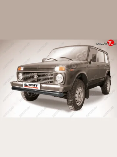 Защита переднего бампера (Ø 76 мм) Slitkoff (Сталь с полимерным покрытием. Цвет: черный) Лада ВАЗ нива 4х4 ( 2131,  2121 (Legend)) (1993-2025) 5 дв. дорестайлинг, 5 дв. 1-ый рестайлинг, 3 дв. 2-ой рестайлинг