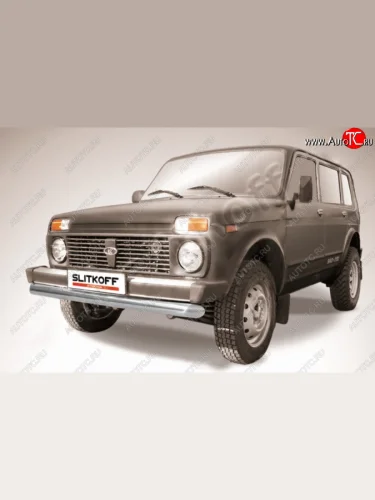 Защита переднего бампера (Ø 76 мм) Slitkoff  (Сталь с полимерным покрытием. Цвет: серебристый) Лада ВАЗ нива 4х4 ( 2131,  2329,  2121 (Legend)) (1993-2025) 5 дв. дорестайлинг, пикап, 5 дв. 1-ый рестайлинг, 3 дв. 2-ой рестайлинг