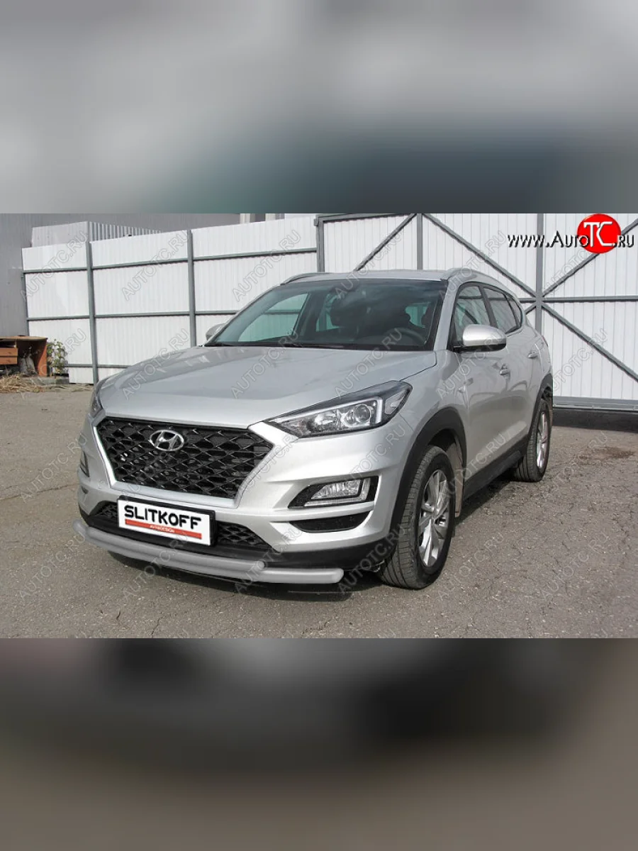 Защита переднего бампера Slitkoff (Ø 57+Ø 42, двойная). Hyundai Tucson TL рестайлинг (2018-2021) (Сталь с полимерным покрытием. Цвет: серебристый)  в Самаре Самарской области